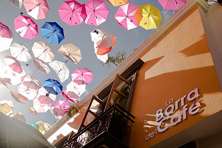 balkong, byggnad, Café, färger, färger, paraplyer, fönster