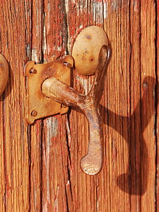 bàn tay, cửa, cũ, mòn, gỗ, sắt