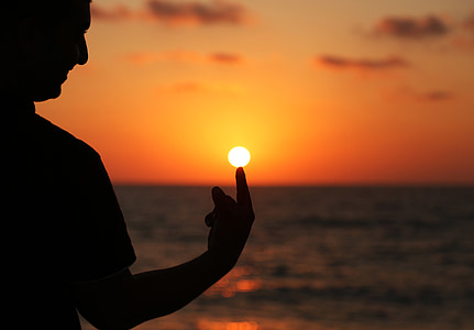 silhouette, sun, touch, man, finger, sunset, beach