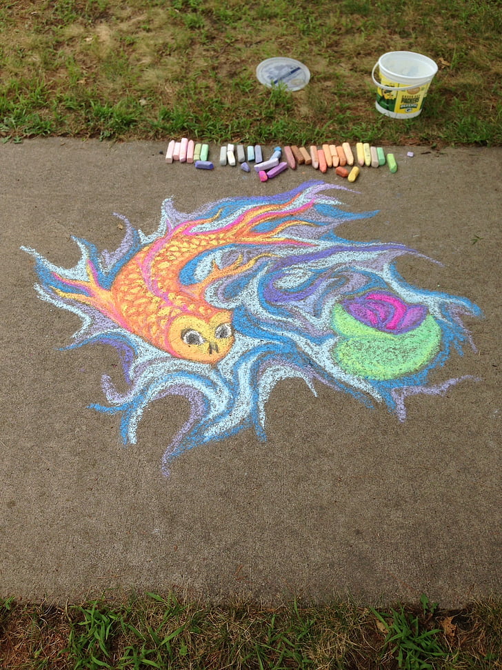 chalk, fish, koi, sidewalk, outside, park, drawing