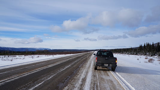 Аляскинская трасса, Британская Колумбия, снег, Транспорт, Зима, дорога, шоссе