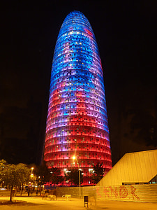 torre agbar, building, architecture, illuminated, red, blue, barcelona