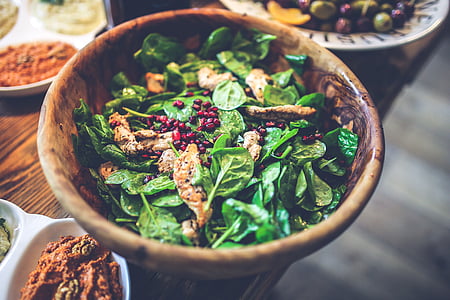 Salad, khỏe mạnh, thực phẩm, gỗ, bát, thịt gà, phi lê