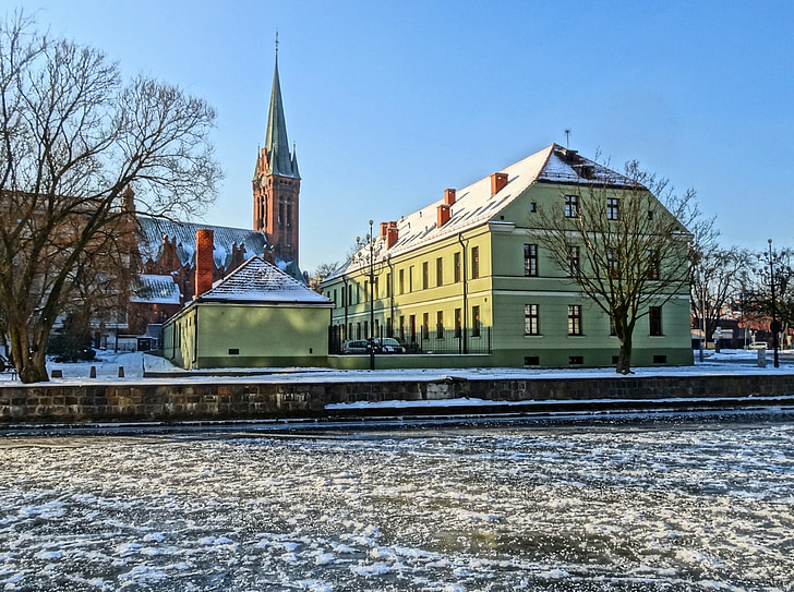 Bydgoszczy, lungomare, inverno, fiume, canale, edifici, Polonia
