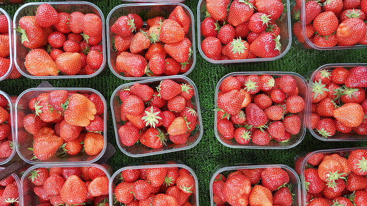 ripe, strawberries, jars, red berry, edible, berries, food and drink