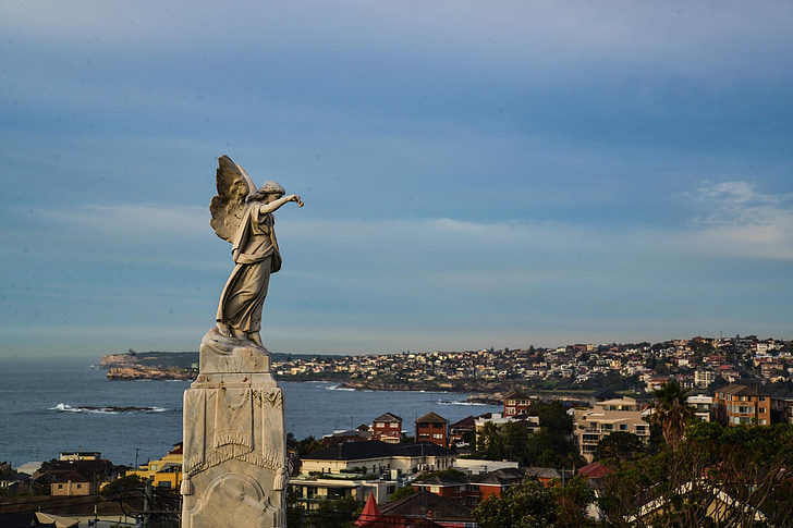waverley, sydney, statue, angel, australia, ocean, view