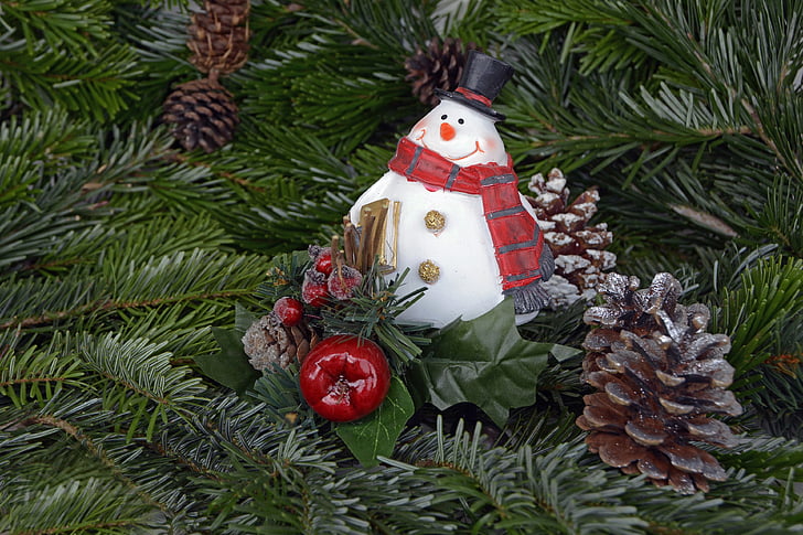 snow man, christmas, pine cones, holly, advent, christmas time, winter