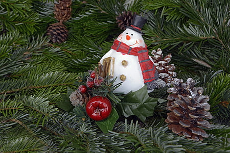 uomo di neve, Natale, coni del pino, agrifoglio, avvento, tempo di Natale, inverno