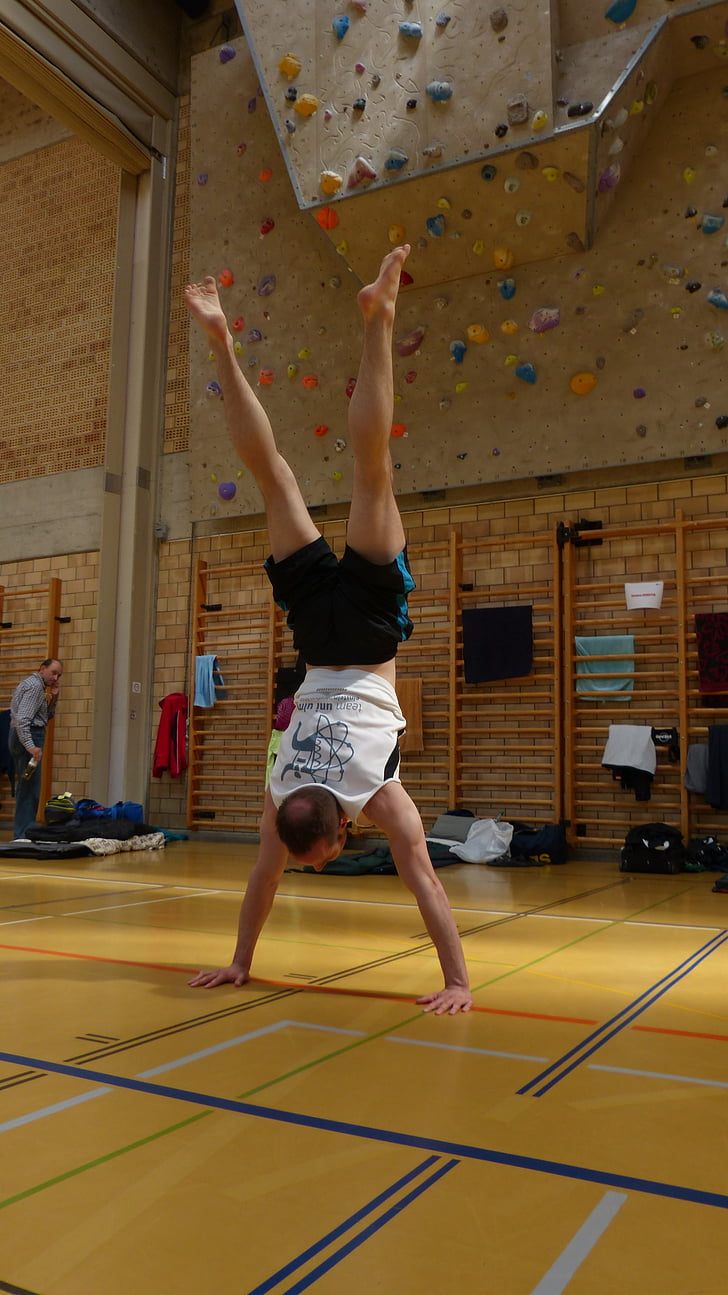 sports hall, gymnastics hall, handstand, balance, balance exercise, sport, learn handstand