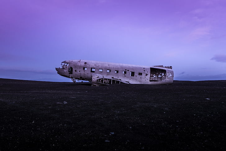 s'estavellava, avió, negre, terra, avió, abandonat, transport