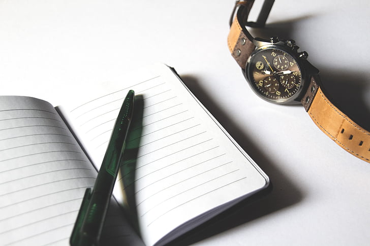 checklist, paper, notebook, watch, pen, writing, information