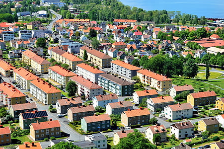 Huskvarna, jezero, voda, Vättern, Jönköping, Švédsko, budovy
