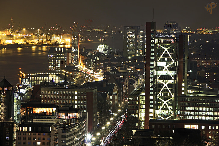 Hamburg, noć, duge ekspozicije, luka u Hamburgu, Elbe, svjetlo, Gradski pejzaž