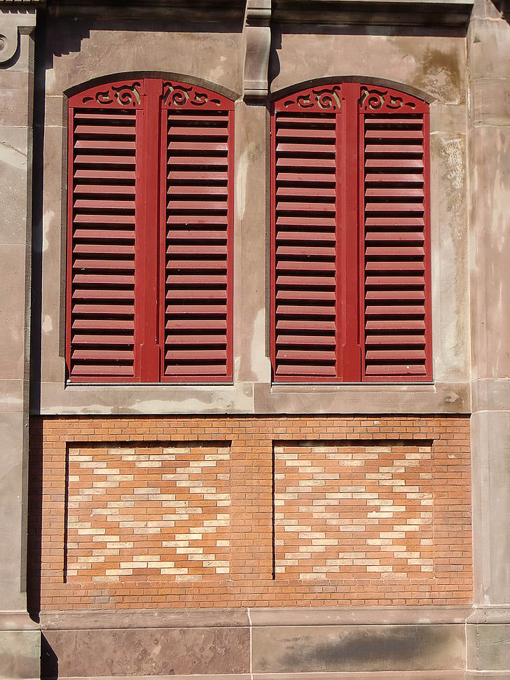 venster, rolluiken, gevel, gesloten, houten shutters, rood, structuur