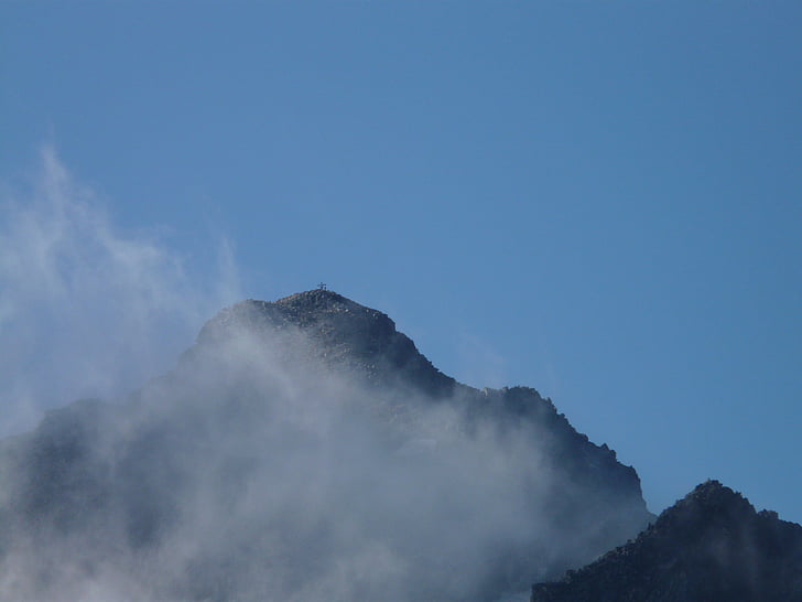 Pico aneto, Pyrénées, toppmötet, Mountain-toppmötet, moln, även, Summit cross