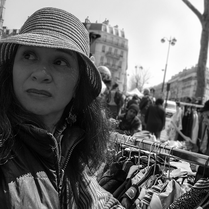 kadın, Paris, bit pazarı, portre, sokak
