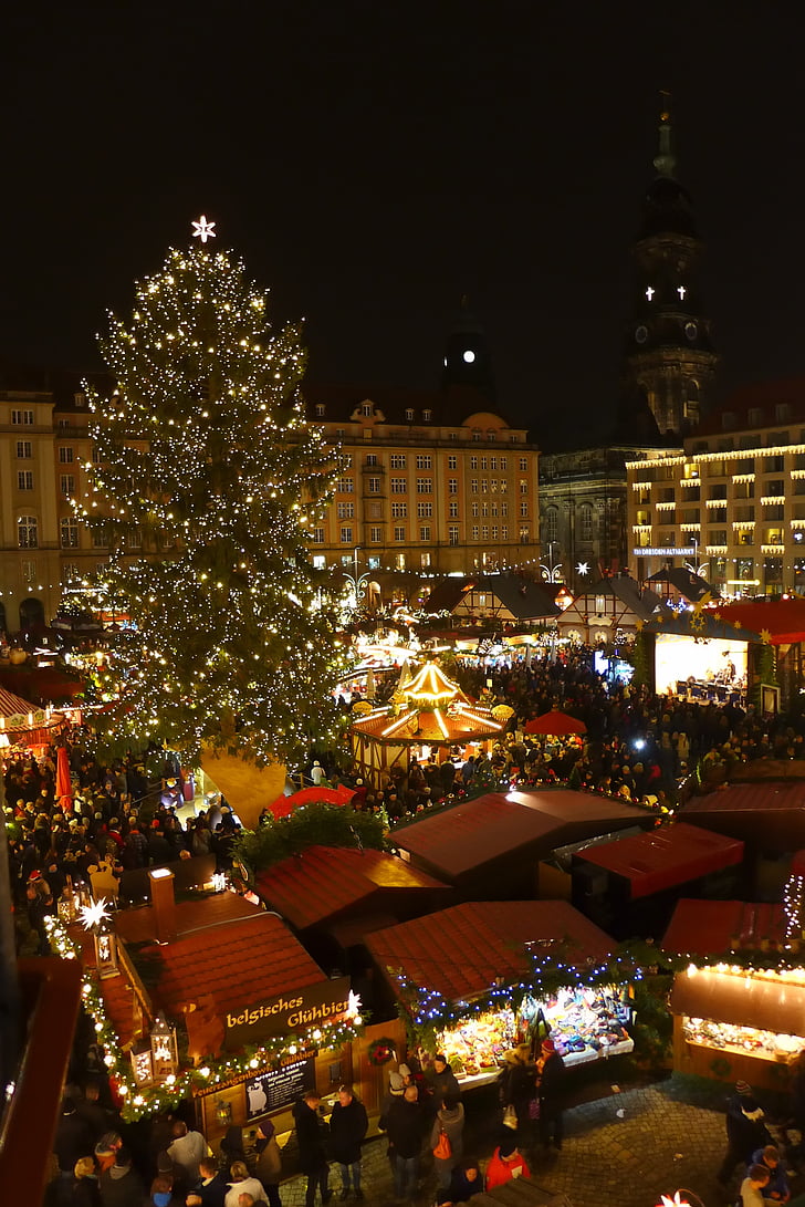 ตลาดคริสต์มาส, เดรสเดน, เยอรมนี, ต้นคริสต์มาส, ไฟ, คืน, เมือง
