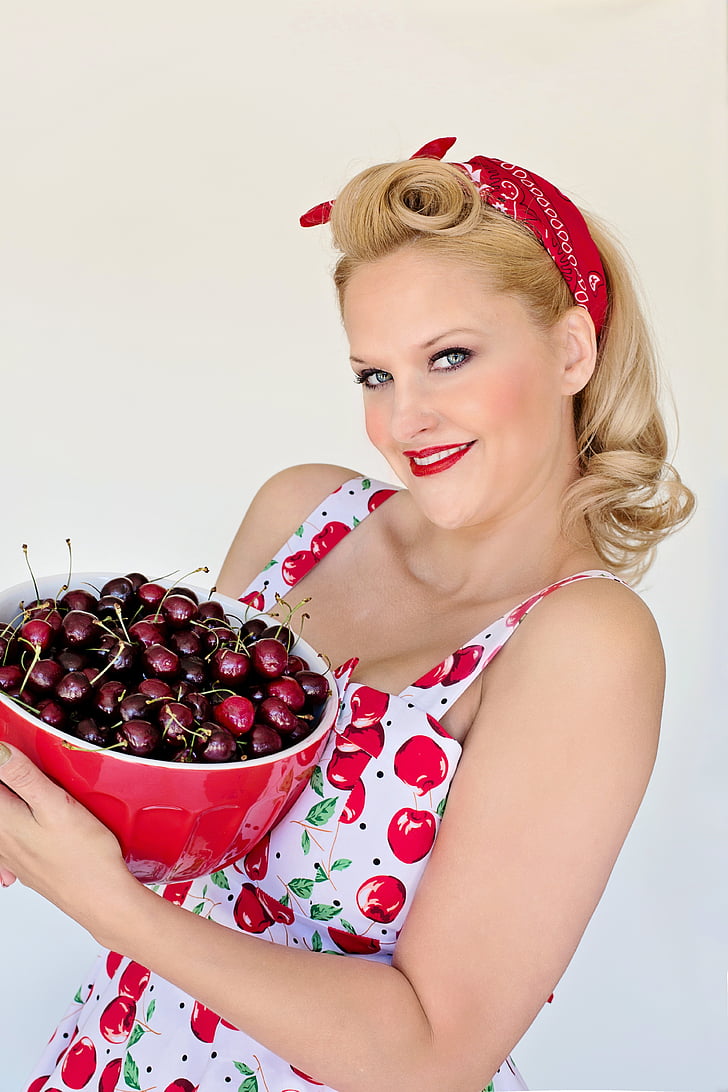 cherries, summer, bowl of cherries, pretty woman, summertime, fruit, vintage