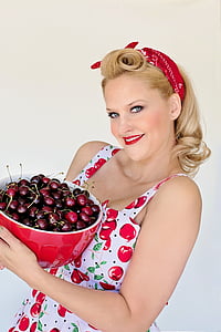 körsbär, sommar, skål med körsbär, vacker kvinna, sommartid, frukt, Vintage