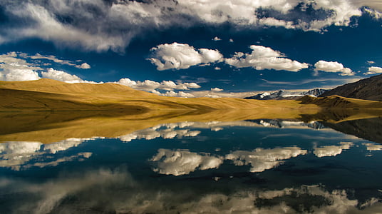 highland, mountain, lake, water, reflection, blue, sky