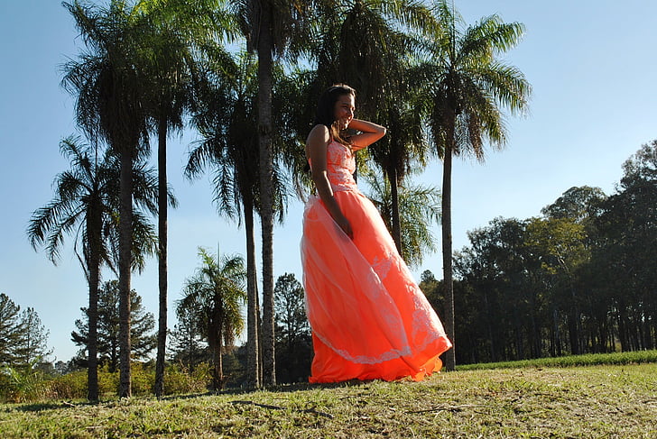 dress, orange, quinceanera dress, fashion, prom dress, women, outdoors