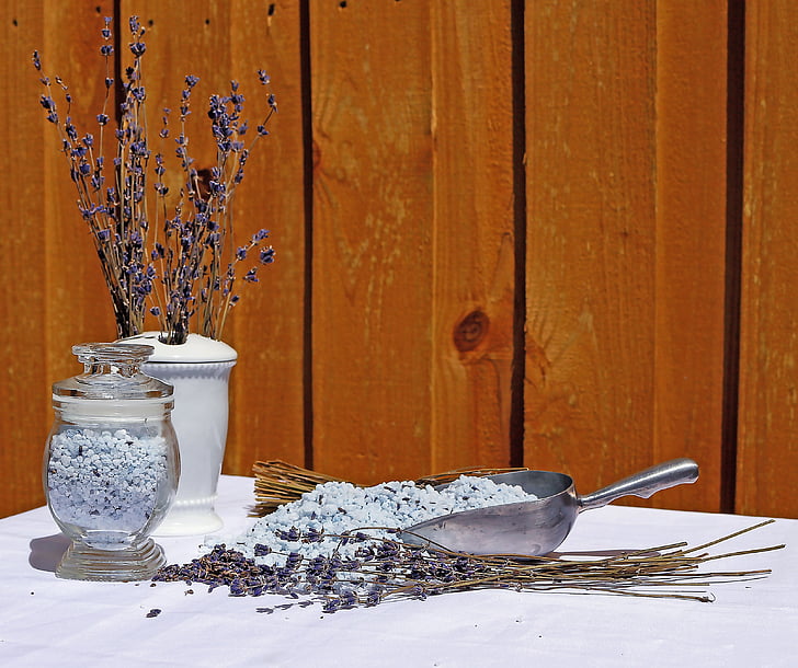 beauty, bath salts, lavender, food, wood - Material, table