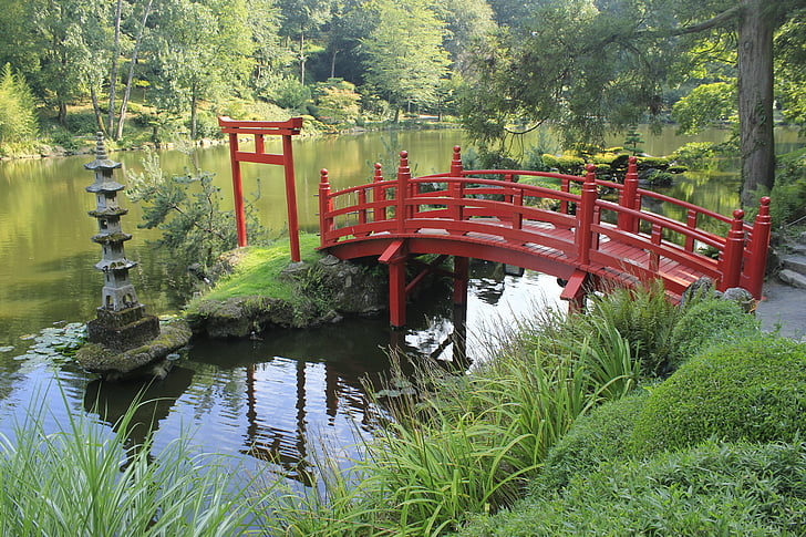 garden, bridge, japanese garden, red bridge, france, mare, water