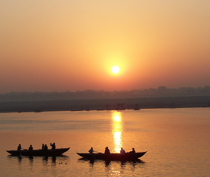 člny, vody, turistov, Varanasi, Ganga, Ganges, Orange