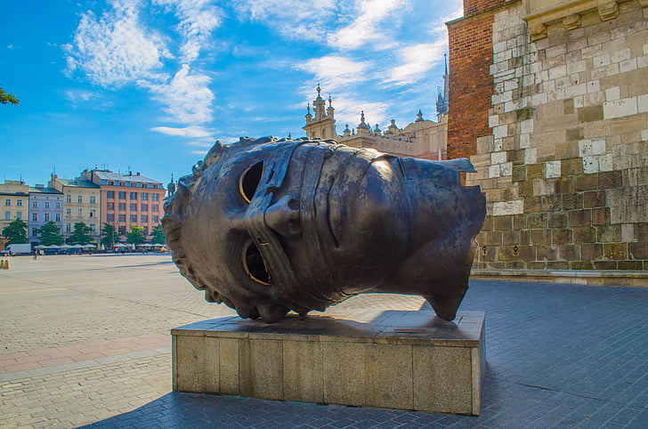 krakow, poland, europe, sculpture, head, bronze, tourism