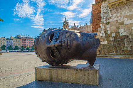 Krakkó, Lengyelország, Európa, szobrászat, fej, bronz, turizmus