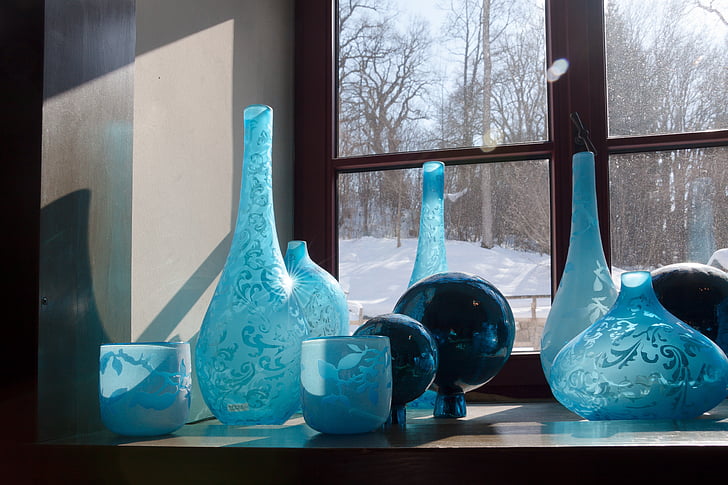 glasses, blue, decoration, reflection, window, glass, vases