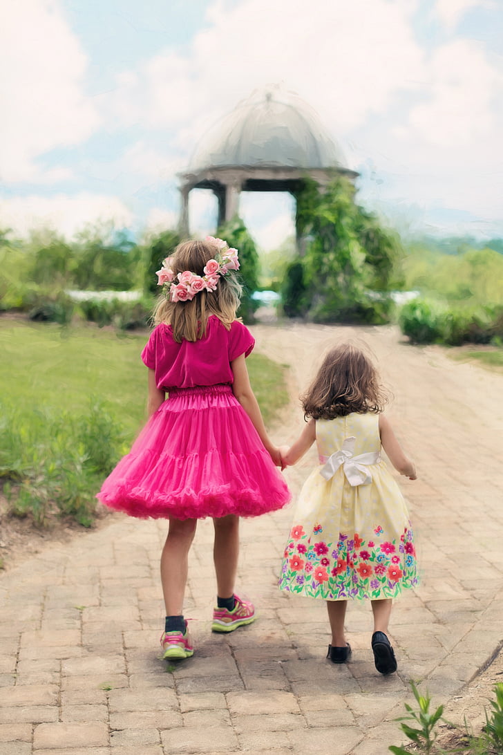children, colorful, colourful, cute, dresses, flower crown, garden