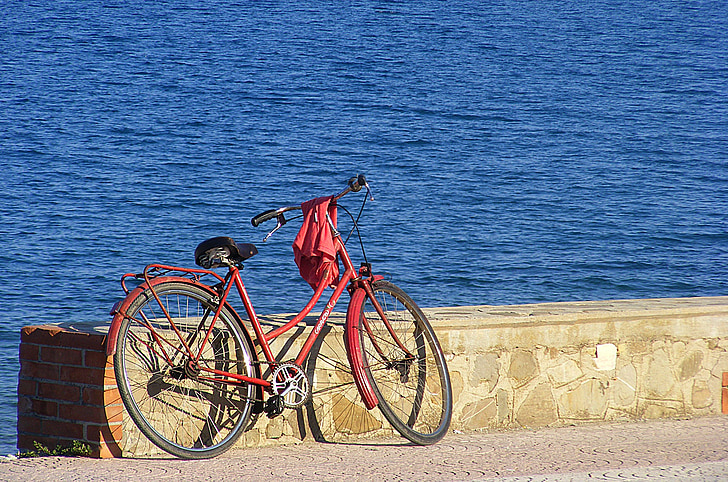 bicicleta, bicicletes, bicicleta de ciutat, moto vell, Mar, platja, montegiordano Marina