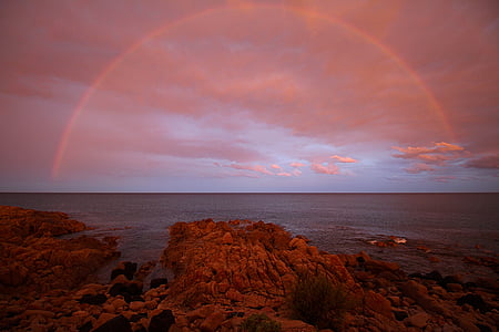Rainbow, abendstimmung, röd himmel, Sardinien, havet, Sky, stranden