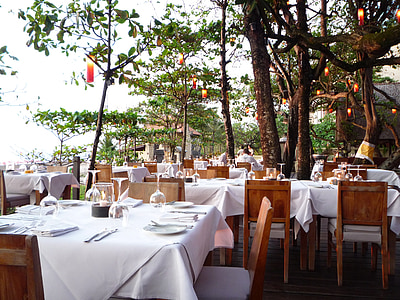 인도네시아, 발리, 밖으로 식사, 열 대 식사, 해변가 레스토랑, 레스토랑