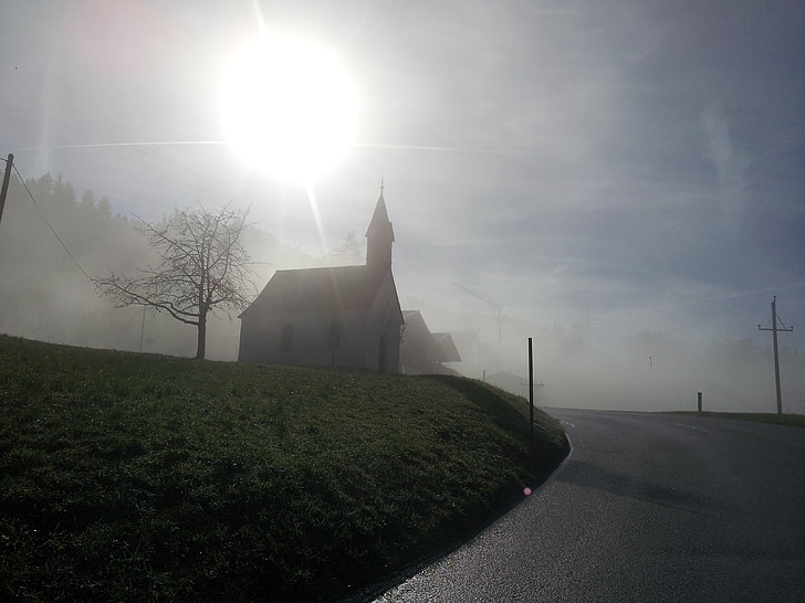 chapel, fog, haze, mood, steeple, jesus, spirit