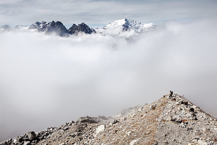 mountain, landscape, rocks, summit, ridge, foggy, clouds