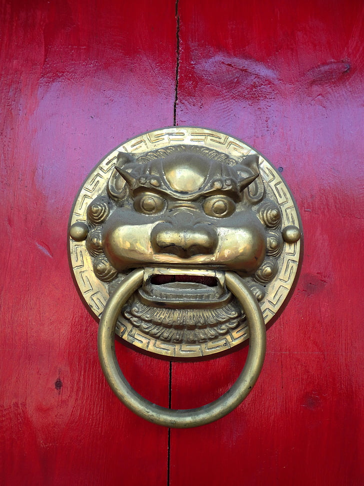porta, doorknocker, fusta, metall, l'entrada de casa, manejar, vell