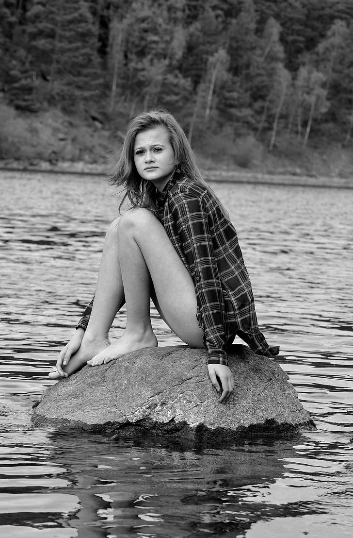girl, water, fear, dam, black And White, nature, people