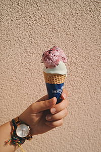 ura, sladica, ženski roko, hrane, roko, sladoled, sladoled stožec