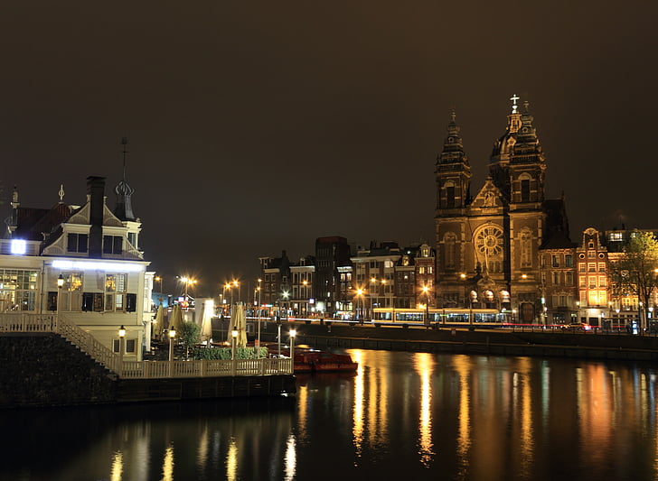 netherlands, amsterdam, nightview, station, cityscape, evening, night