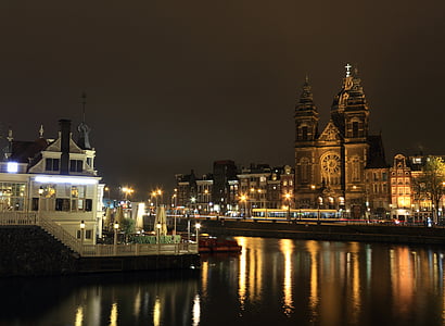 Nederländerna, Amsterdam, nightview, Station, stadsbild, kvällen, natt
