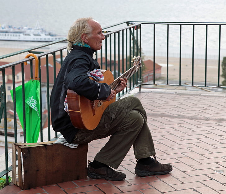street musician, guitar player, sit, listen to, music, enjoy, relax