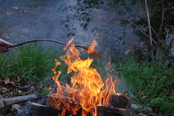 Fireside, cookout, Flame, korv, BBQ