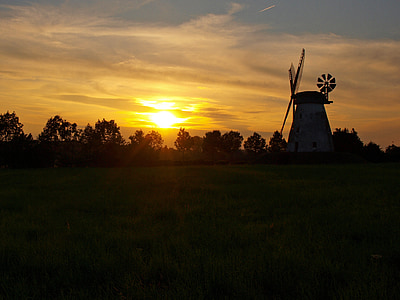 windmill, field, landscape, sunset
