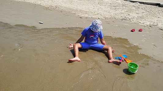 Детские, пляж, песок, ребенок, океан, играть, мило