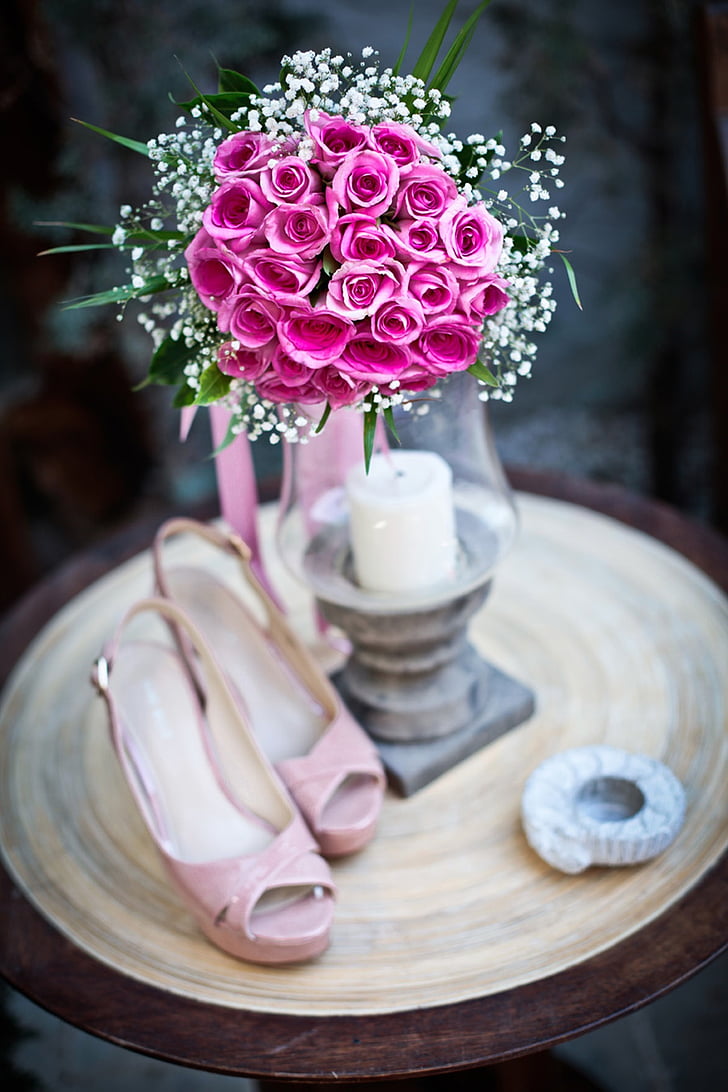 bloem, bruiloft, detail, boeket, schoenen, roze, tabel