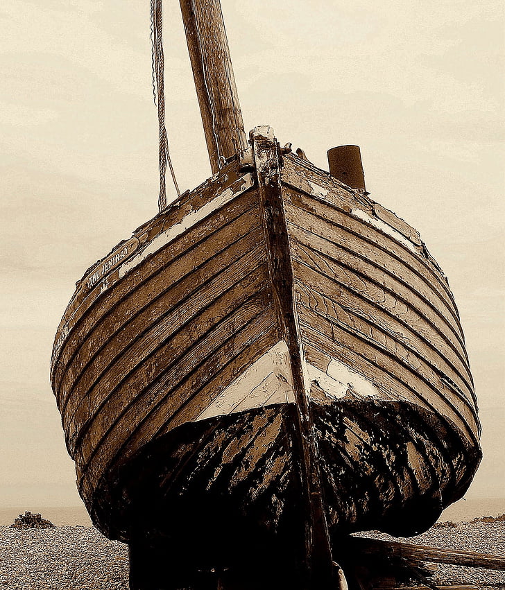 ship, sepia, old, wooden, boat, beach, stern