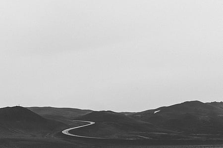 grayscale, photo, mountain, view, black and white, black-white, winding road