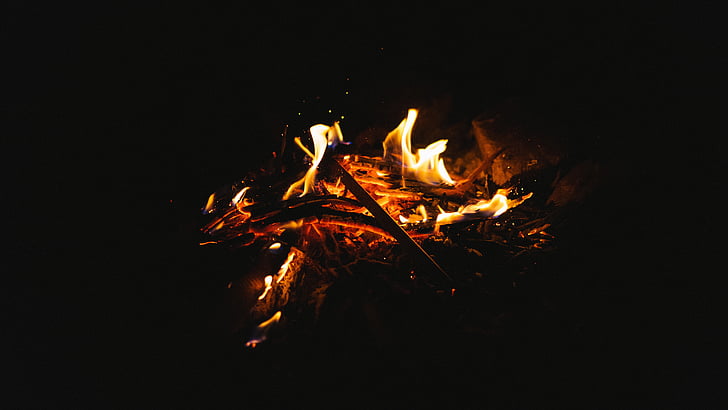 fire, camp, woods, rock, spark, dark, night